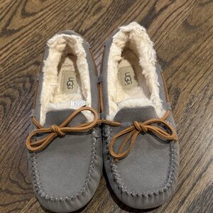 UGG Gray Suede Moccasins with Brown Laces